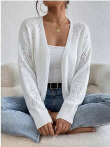 Plus Size Women's White Open Knit Cardigan, V Neck Long Sleeve Hollow Out Crochet Sweater, Casual Loose Open Front Outerwear For Spring Fall - trắng - Xem 3