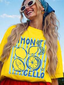 DrmWander Women's T-Shirt, Short Sleeve Graphic Tee, Casual Street Style, Cute Summer Top - 黃色 3 - 查看 7