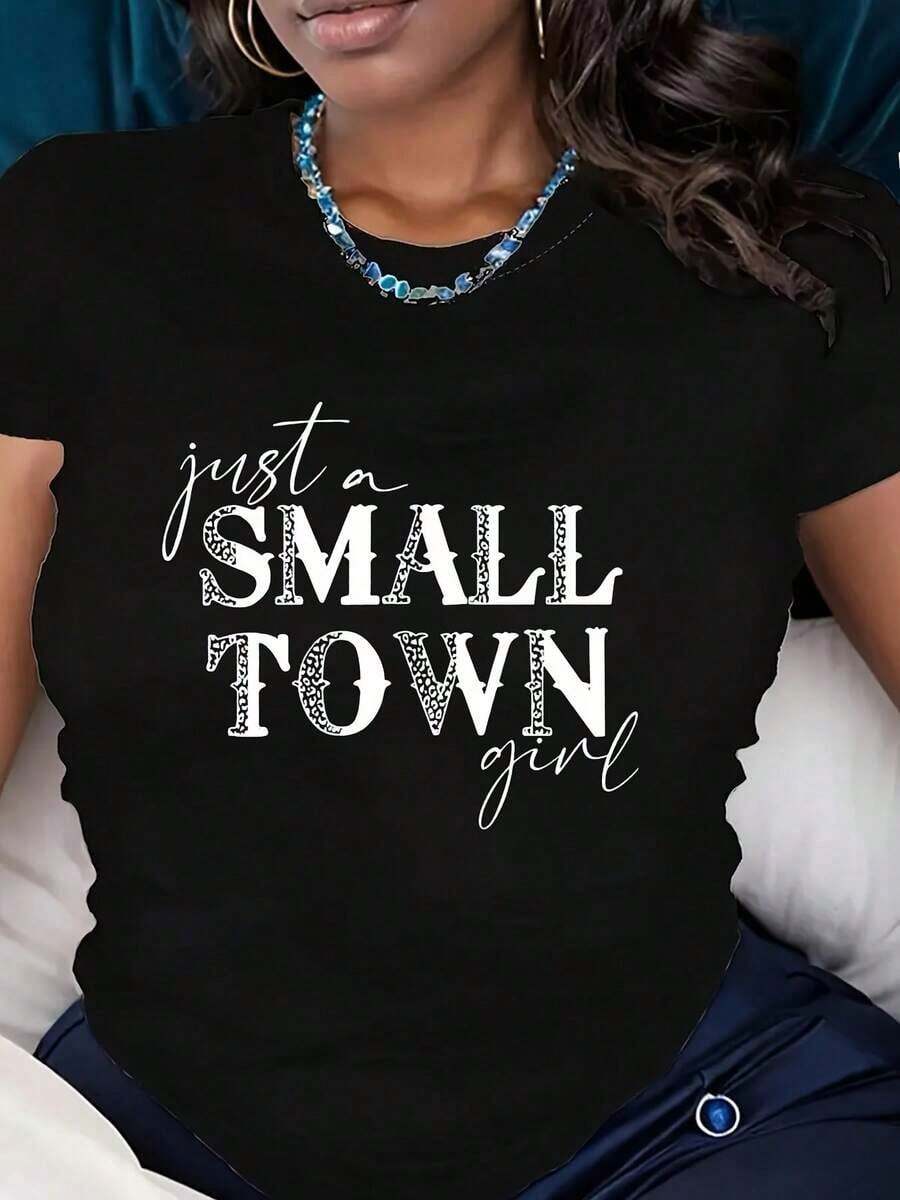 Camiseta de manga corta para mujer con cuello redondo, estampado gráfico "Just A Small Town Girl", uso diario casual, 220g, estilo casual. - Negro - Ver 1