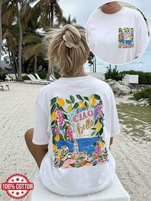 [Double Side Print] Women's Summer Top, Ladies Casual Blouse, Fresh Style, Lemon Floral Decor, "Ciao Bella" Print, Short Sleeve, Round Neck, Drop Shoulder Oversized T-Shirt [Lang K]-T Shirt Damen - White - View 8