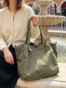 Bolso de Hombro de Lona de Color Sólido para Mujer, Estilo Primavera-Verano, Gran Capacidad, Casual y Tipo Tote - Verde - Ver 6