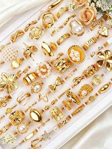 14/20/30Pieces/Lot Fashion Bohemian Faux Pearl Rhinestone Rings Set For Women Vintage Flower Butterfly Geometric Jewelry Daily Party Dating Gifts - Imitation Pearl Ring - View 4