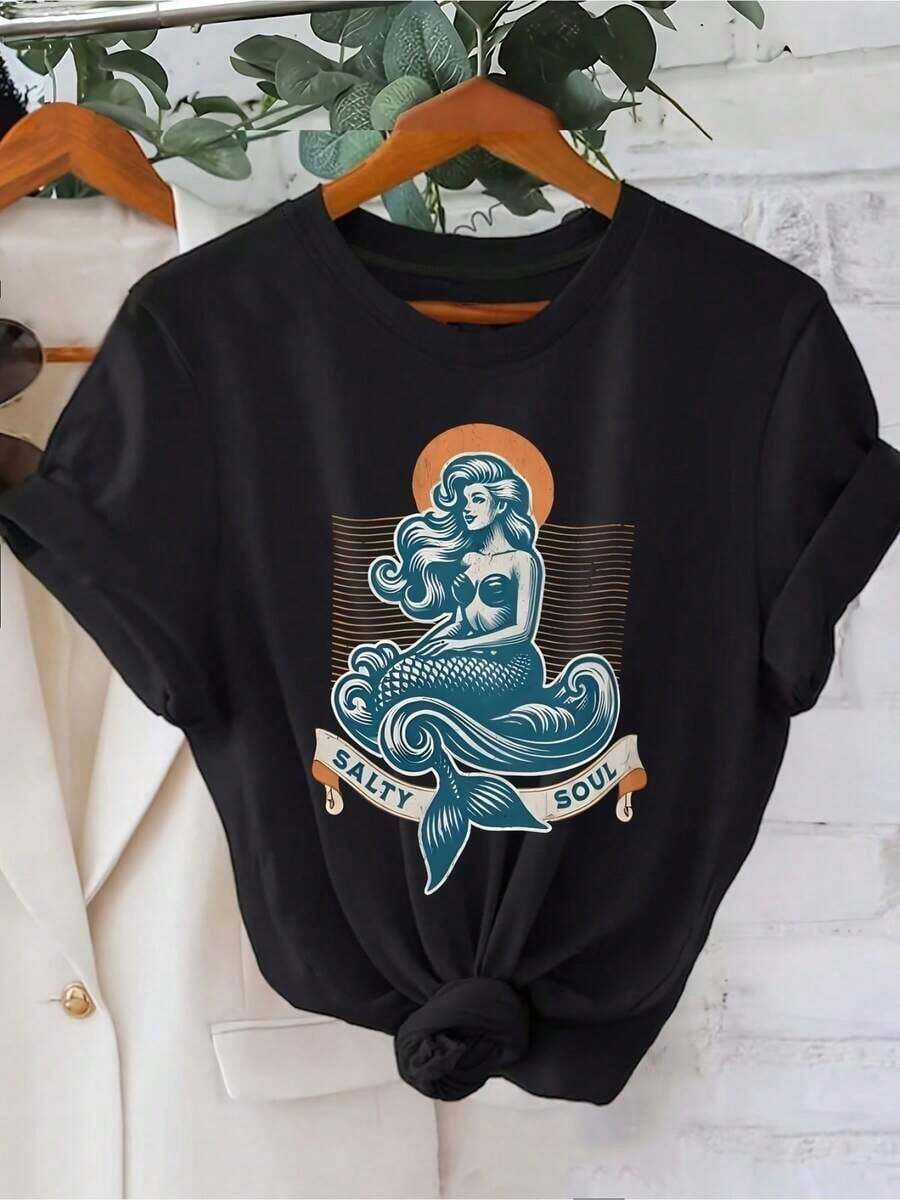 Short-Sleeved T-Shirt With Mermaid Wave Island-Style Print Ropa Mujer - Black - View 1