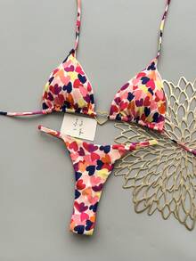 Women's Sexy Beach Vacation Colorful Heart Print Metal Ring Decor Bikini Set Summer - Multicolor - View 3