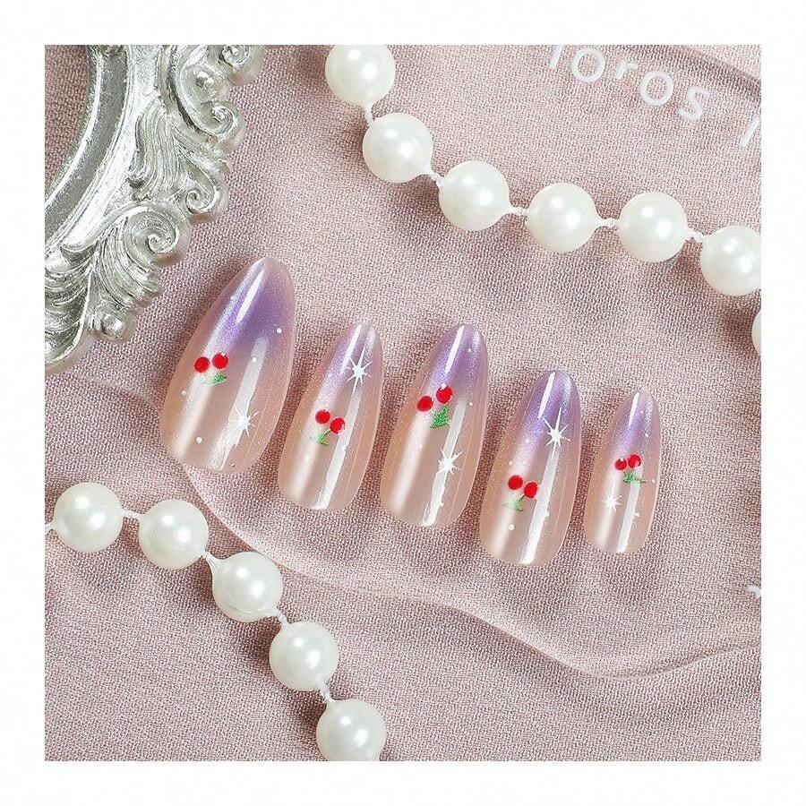 Press On Nails - 24 Popular French Cat-Eye Almond Wear Nails Purple Gradient High-End Whitening Cherry Nail Polish - DM-133 - Xem 1