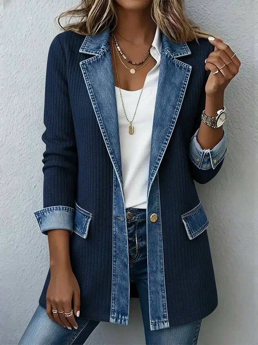 Women's Patchwork Jacket Slim Fit Long Sleeve Elegant Casual Autumn Coat - Navy Blue - View 1