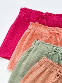 Girls' Loose Casual Shorts, Summer Colorful Multiple Pack, Comfortable Breathable Fabric, Elastic Waist, Suitable For Beach, Entertainment, Sports And Various Occasions - Coral Orange - View 4
