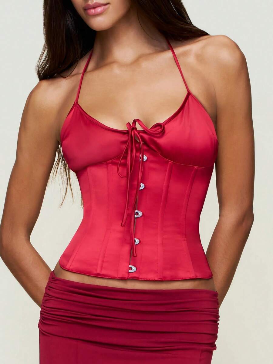 Women's Tie Front Button Down Cami Top Y2k Spaghetti Strap Square Neck Satin Bustier Corset Tops Lace Up Camisole Going Out Top - 紅色 - 查看 1