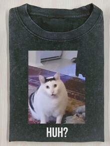 1pcsCute Cat Funny Graphic Graphic T-ShirtMen's Cotton T-Shirt, 230G Washed Short-Sleeve Suitable For Halloween, Christmas And Spring Festival Gifts - 黑色 26 - 查看 9