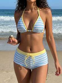 Sultry Sol Bộ bikini nữ họa tiết chấm bi vàng retro, áo tắm phối màu cổ điển, thích hợp cho các buổi đi chơi, tiệc sinh nhật, trang phục thường ngày, phong cách Y2K, phong cách những năm 2000, thanh lịch, phong cách quý tộc xưa, thời trang đường phố, kỳ nghỉ, trang phục đi biển mùa hè. - trời xanh - Xem 2