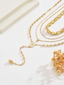 1 Set Of 4pcs Minimalist Asymmetrical Shape CCB Beaded Metal Water Drop Pendant Necklace Set, Fashionable High-End Personalized Long Water Drop Pendant CCB Beaded Necklace Set, Suitable For Women's Daily, Vacation, And Party Wear - Gold - View 7
