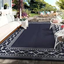 Modern Diamond Border Reversible Outdoor Area Rug UV Resistant Stain Resistant Waterproof Lightweight Pet Friendly Camping Carpet For RV Trip Beach Vacation Patio Backyard - Black Blue/white - View 3