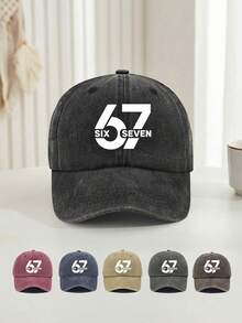 复古“67 SIX SEVEN”标志印花水洗棒球帽 - 男女通用可调节弯檐老爹帽，适合日常佩戴、户外运动、都市街头风、休闲外出、海滩度假等场合。 - A - 查看 9