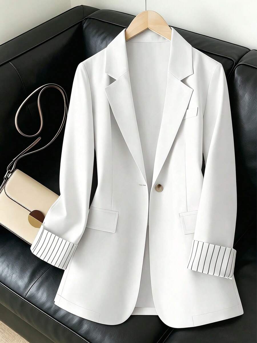 Blazer regular de mujer con parche de rayas y un solo botón, color blanco de primavera - Blanco - Ver 1