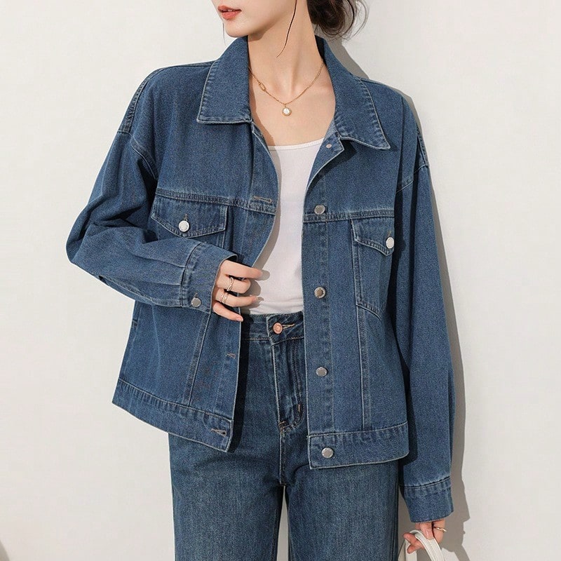 Women's Washed Denim Jacket Short Length Casual Retro Style Loose Fit Autumn Coat - Dark Blue - View 1