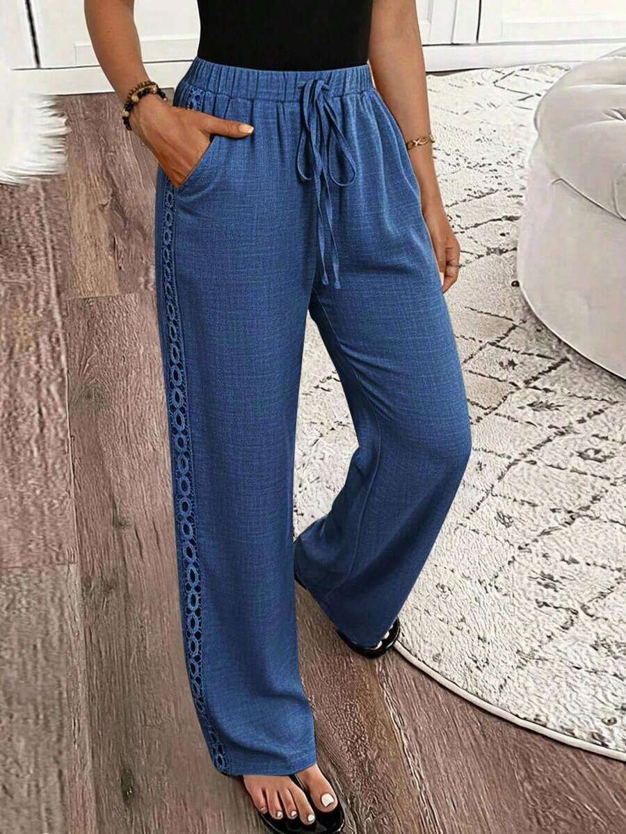Pantalones largos informales sólidos con efecto de mezclilla y encaje lateral para mujeres - Azul 2 - Ver 1
