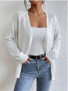 Plus Size Women's White Open Knit Cardigan, V Neck Long Sleeve Hollow Out Crochet Sweater, Casual Loose Open Front Outerwear For Spring Fall - trắng - Xem 2