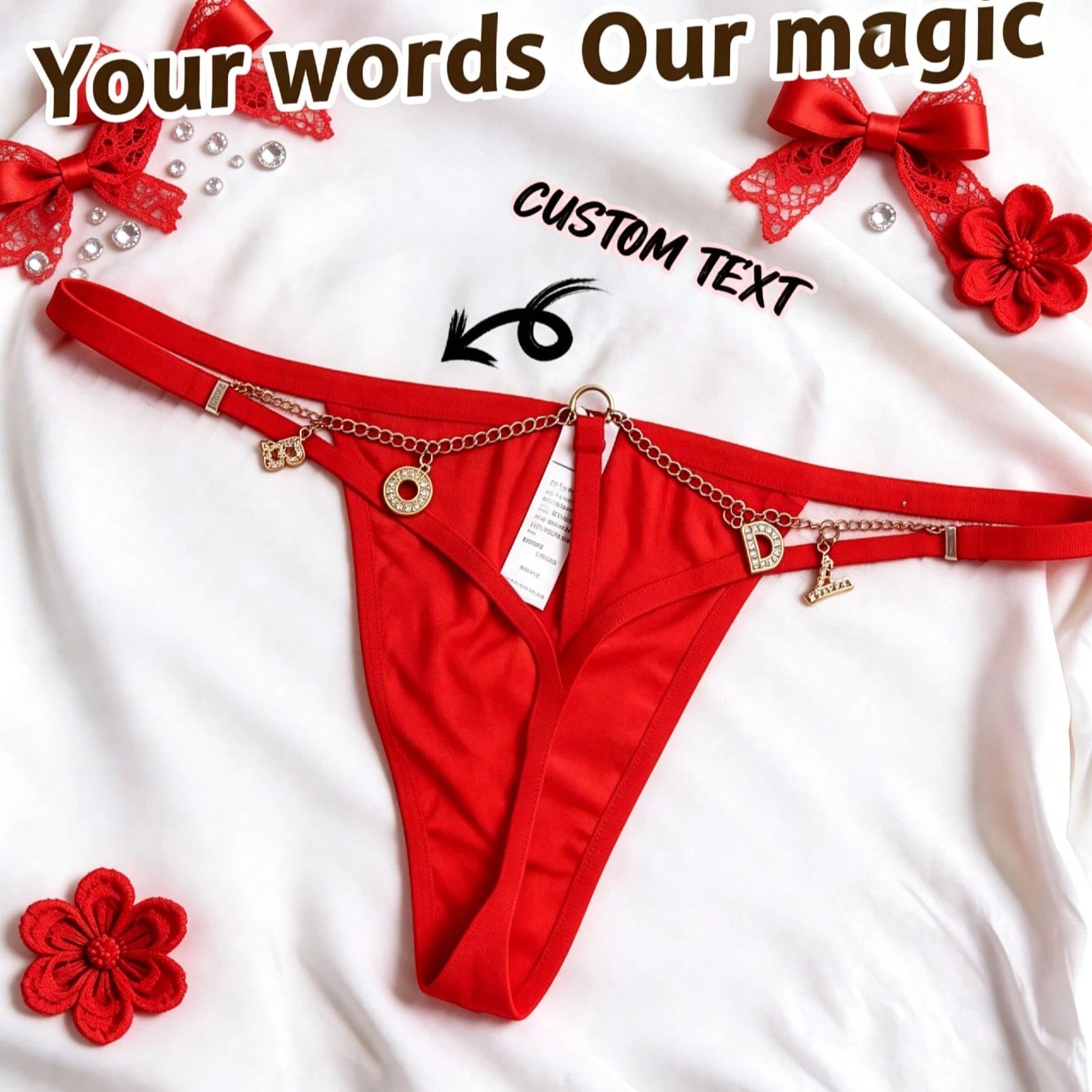 Customized Letter Sexy Hollow Chain Thong Diamond Letter Personalized Rhinestone Lingerie Women's Valentine's Day Gift Couple Pink Panties