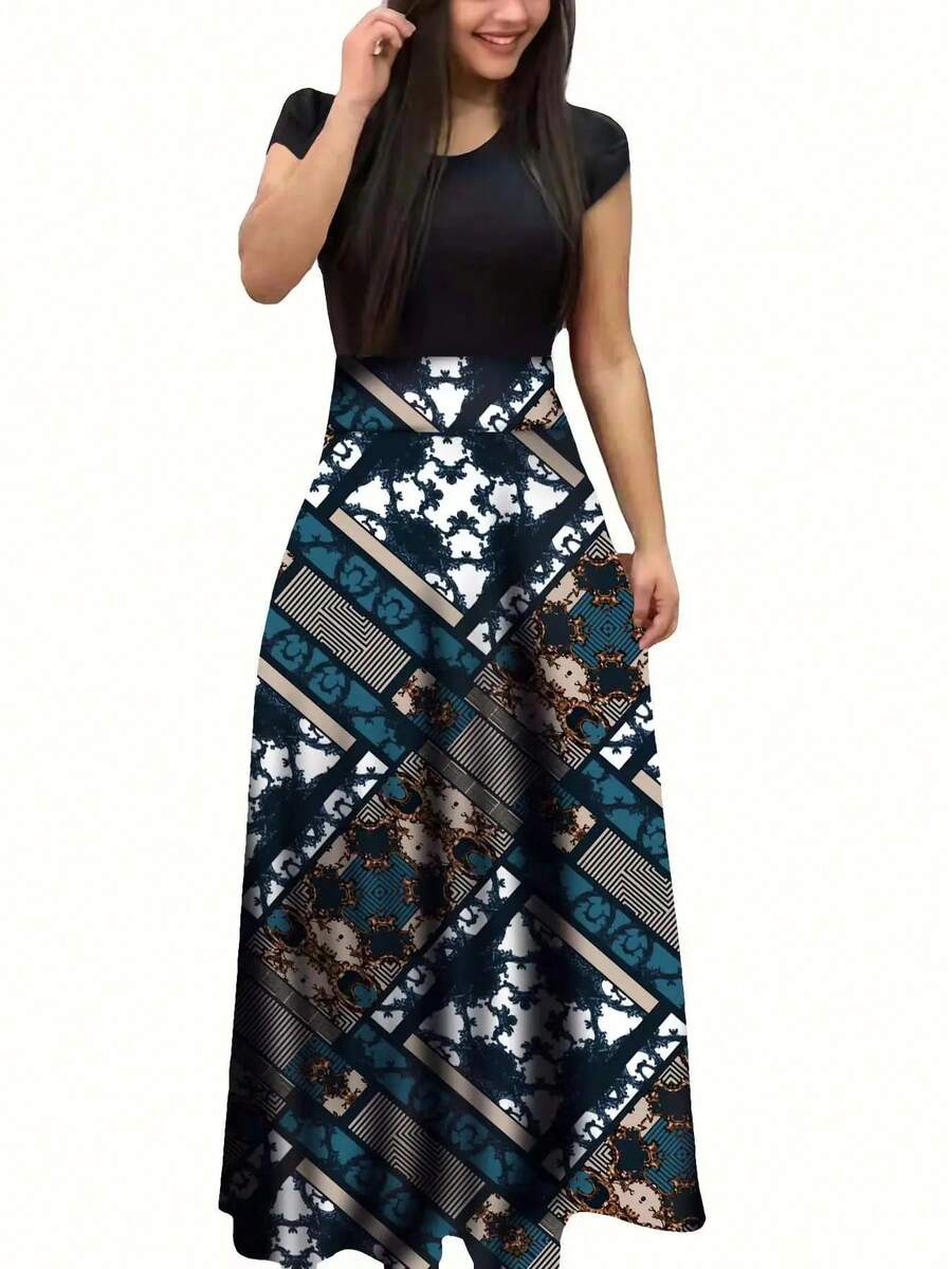 Vestido de manga corta a juego con estampado de flores de estilo europeo y americano para mujer, falda con vuelo grande, 2024 - colmillo ge - Ver 1