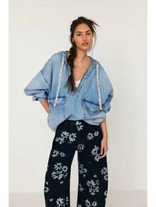 Vintage Floral Print Barrel-Shaped Jeans High-Waisted Wide-Leg Yellow Denim Trousers Vintage Y2K Style Casual Pants - 黑色底花色 - 查看 4