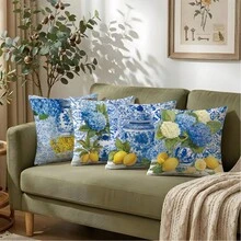 4pcs Set Simple Daily Blue & White Porcelain Lemon Pattern Throw Pillow Cover, Single-Sided Printed Peach Velvet Material, 45*45CM Cushion Cover Suitable For Modern Minimalist Sofa Living Room Decor, Gift, Party Decoration - Multicolor - View 4