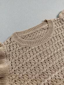 Women's Crochet Striped Knit Sleeveless Top, Lightweight Round Neck Ruffle Hem Short Sleeve Blouse Summer - Khaki - View 10