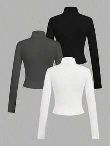Set de 3 camisetas de manga larga con cremallera, de punto, en blanco y negro, de estilo minimalista y casual para mujer - Multicolor - Ver 2