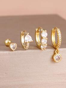 4PCS 18K Gold Plated Fashion Zirconia Heart-Shaped Piercing Earrings Set Women Simple Stainless Steel Hoop Earrings Minimalism Jewelry - 1-gold-4PCS - View 1