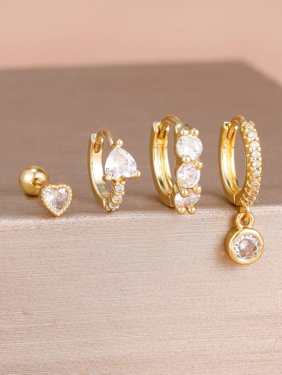 4PCS 18K Gold Plated Fashion Zirconia Heart-Shaped Piercing Earrings Set Women Simple Stainless Steel Hoop Earrings Minimalism Jewelry - 1-gold-4PCS - View 1