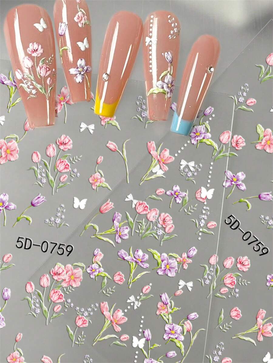 5D Embossed Romantic Tulip/Iris/Lily Of The Valley Flowers Nail Sticker Colours Tulip Flower Decal Adhesive Spring Flower Slider