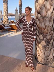 Vestido de manga larga con escote en V profundo a rayas azul y blanco de estilo casual y vacacional para mujer, vestido largo bohemio y sexy para fiestas en la playa y vacaciones de verano - Café rojo con blanco roto - Ver 4