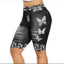 Leggings de cintura alta para mujer, cómodos, de mezclilla sintética, con patrones geométricos florales, estilo Y2K, perfectos para yoga, ropa informal, todas las estaciones - Negro - Ver 5