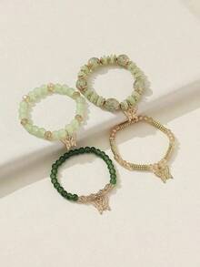 4pcs Bohemian Handmade Glass Beaded Bracelet Set With Flower Bead & Butterfly Pendant For Women, Elastic - Cà phê - Xem 9