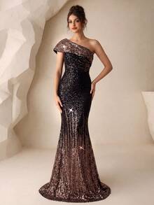 [Random Cut] Women's Elegant Party Evening Dress With Gradient Sequin Patchwork Asymmetric Neckline Wedding Black Spring - Black - View 3