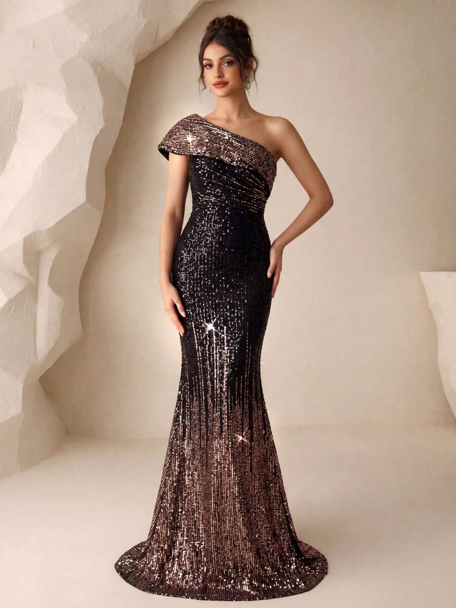[Cắt ngẫu nhiên] Đầm dạ hội thanh lịch dành cho nữ với họa tiết sequin chuyển màu, cổ áo bất đối xứng, màu đen, thích hợp cho đám cưới mùa xuân. - màu đen - Xem 1