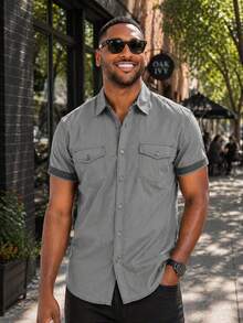 Mens Short Sleeve Western Two Pocket Button Up Shirt - 灰色 - 查看 1
