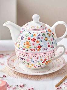 MBB 1 Set Single-Person Ceramic Floral Teapot & Teacup Set, Colorful, Suitable For Both Men And Women, White Base With Decorative Floral Pattern, Vintage Bone China Teapot Suitable For Home And Office Use, Exquisite Reusable Handmade European-Style Teapot, Teacup And Saucer Set, Available In Pink, Orange, Green, Yellow And More Colors - Small Floral Pattern - View 2