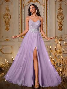 Đầm dạ hội màu tím đính cườm thủ công VIP GIRL, xẻ tà cao, thích hợp cho tiệc tùng và biểu diễn sân khấu. - Màu tím hoa cà - Xem 5