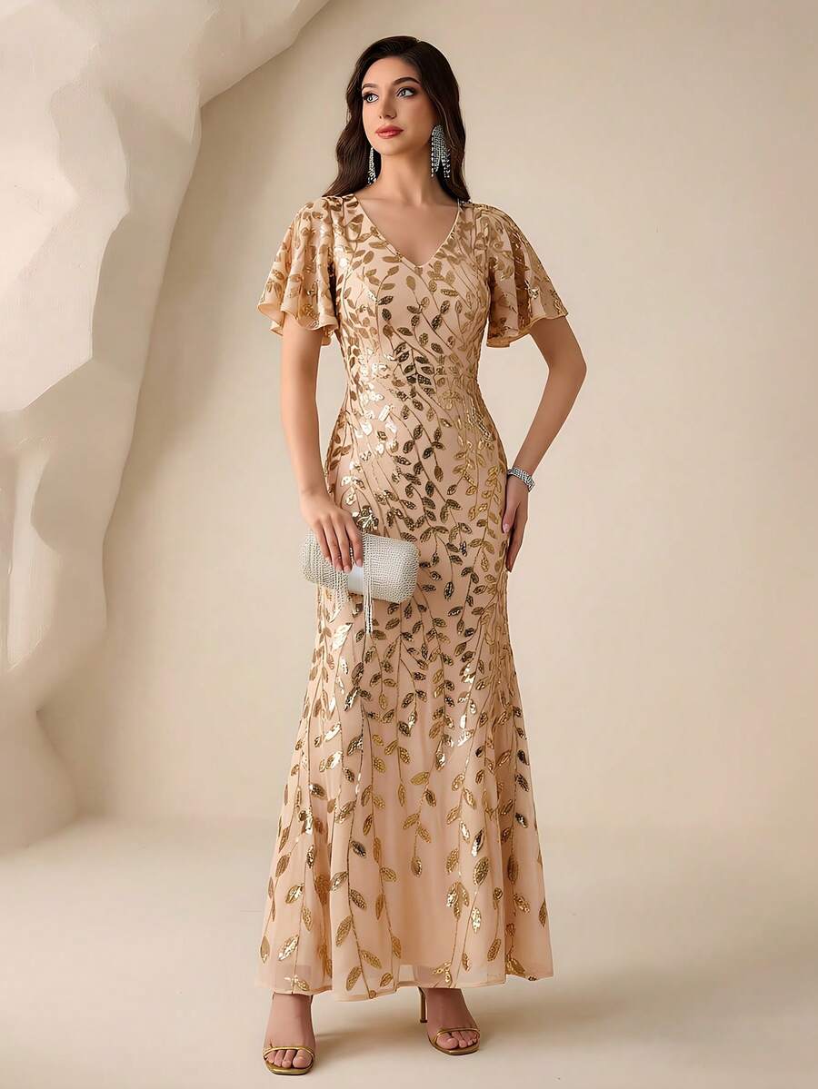 High-Quality Stretchy Sequin V-Neck Short Sleeve Mermaid Dress, Elegant Fitted Gold Formal Party Gown, Evening Dress, Women's Formal Ball Gown, Suitable For Wedding Guests, Graduation Ceremony, Holiday Gala Spring - 金色 - 查看 1