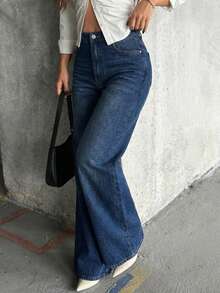 1pc Solid Color Casual Elegant Cute Denim Button Zipper Pocket Women Jeans, Suitable For Beach, Vacation, Daily Wear, All Seasons - Blue - View 7