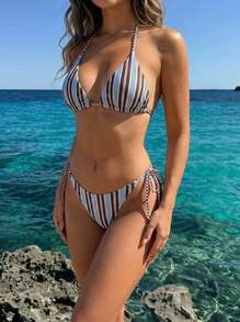 Sultry Sol Bộ bikini 2 mảnh họa tiết hoa phối màu cổ điển, thích hợp cho bãi biển, hồ bơi, du thuyền, tiệc tùng trong kỳ nghỉ xuân và hè. - Sọc xanh và sọc nâu - Xem 2
