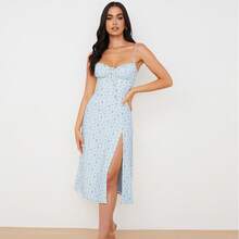 2025 vestido Midi Floral de verano para mujer, vestido con tirantes finos y cuello en V, vestido dividido, vestidos elegantes Vintage sexis para mujer - Rosa - Ver 5