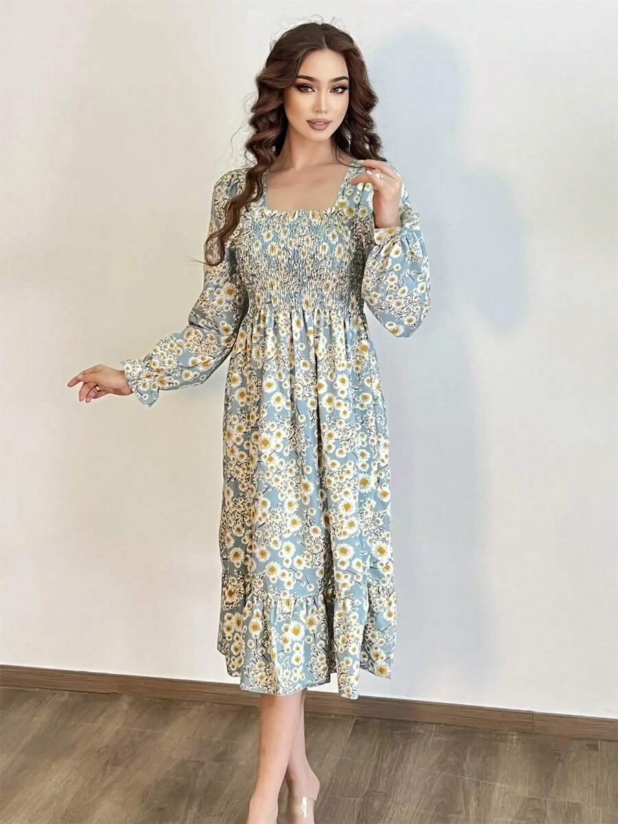 Vestido informal de manga larga para mujer, Vestidos de gasa para otoño y primavera, corte en A, estampado Floral, elástico en el pecho, con cordones, por debajo de la rodilla - lansepugongying - Ver 1