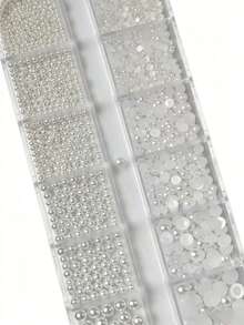 12 Fächer weiße runde Perlenperlen, halbrunde Perlenedelsteine, gemischte Größe 1,5-5mm flache Bodenperlen, Nail Art Deko DIY, Nail Art Zubehör Nail Perlen Nail Gems Nail Art Design - Weiss - Übersicht 5