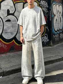 男士圆领中袖T恤搭配抽绳阔腿裤休闲日常套装 - 淺灰色 - 查看 2
