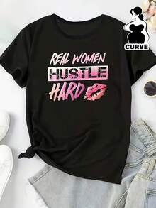 Camiseta de Talla Grande con Estampado de Letras - Negro - Ver 2