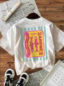 [Double-Sided Print] Spring-Summer Fashion Casual Women's Retro-Style Top With Sardine Pattern And "Sardine" Text. Round Neck Short-Sleeved T-Shirt. - White - View 3