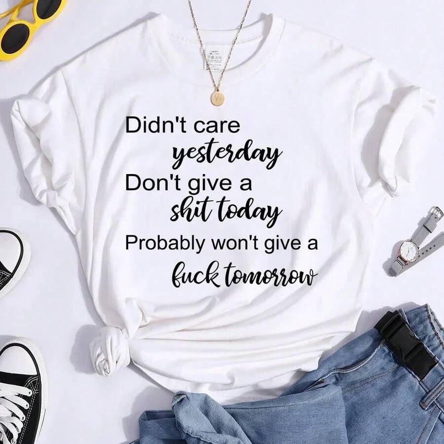 Camisetas de manga corta de verano para mujer, camisetas con cuello redondo, cuidado de ayer, no dar una mierda, camisetas estampadas hoy - pk686-Blanco - Ver 1