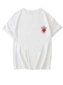 Camiseta de manga corta de cuello redondo et estampado de comida, décontracté et polyvalent, para mujer, couleur blanco - Blanc - Voir 4