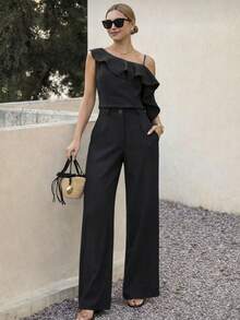 A&DD FASHION, Reference Number: Y493 - Set, Women's Two-Piece Suits, High-Waisted Wide-Leg Pants, Trousers, Camisole, Crop Top, Ruffled Hem Design, Comfortable To Wear, Sophisticated Look, High Quality, Stylish Look, Versatile, Elegant Style, Two-Piece Suits, Casual Chic Look, Comfortable And Stylish, Pants With Pockets, Elegant Suits, Perfect For Spring And Summer, Blogger Style, Casual And Formal, Suitable For All Occasions, Elegant And Fashionable, Feminine Look, Summer 2025 Collection. - 黑色 - 查看 1